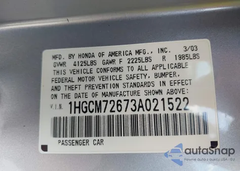 2003 Honda Accord 2.4 Ex из США, поврежденный, VIN 1HGCM72673A021522